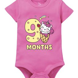 Zeezeezoo 100% Cotton Monthly Birthday Theme Half Sleeves 9 Months Text & Unicorn Printed Onesie - Pink-image-27