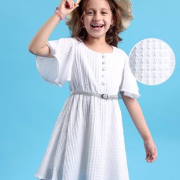 Hola Bonita Knit Half Bell Sleeves Textured Fabric Solid Color Dress with Belt - White-image-42