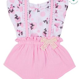 My Milestones Cotton Woven Bow Applique Detailed Dungaree & Frill Sleeves Floral Printed Top - White & Pink-image-89