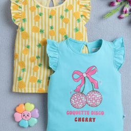 BUMZEE Cotton Pack Of 2 Cap Slevees Pineapple & Disco Ball Printed Tees - Blue & Yellow-picture-9