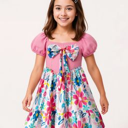 arias by lara dutta Arias Cotton Knit Balloon Sleeves Frock With Bow Applique & Floral Print - White & Pink-picture-4