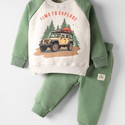 Ollypop Fleece Knit Full Length Raglan Sleeves Winter Wear Suit Set with Explorer Car Print - Ecru Melange & Light Olive-picture-39
