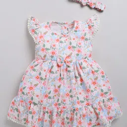 Snuggly MONKEY Seersucker Woven Cap Sleeves Floral Printed Lace Detailed Tiered Dress With Headband - White-picture-0