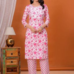 TROPWEAR Women Floral Printed Thread Work Pure Cotton Straight Kurta With Trousers-picture-37