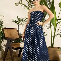 Uptownie Navy Blue Smocked Bandeau Strapless Dress-image-8