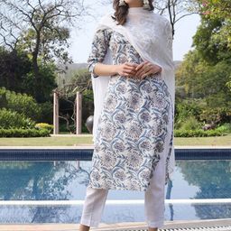 HRITIKA Floral Printed Notch Neck Pure Cotton Straight Kurta With Trousers & Dupatta-picture-56