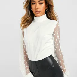 Boohoo High Neck Mesh Sleeves Bodysuit-image-5