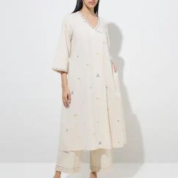 Utsa by Westside Off-White Embroidered Cotton-Blend A-Line Kurta-image-89