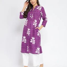 Pink Fort Purple Cotton Straight Fit Floral Kurta-image-0