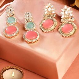 Zaveri Pearls Set of 2 Pink & Turquoise Blue Stones Traditional Dangler Earrings-ZPFK17986-9