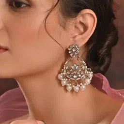 Fida Wedding Floral Chand Bali Earrings with Kundan & White Pearl Beads-image-88