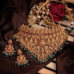 Saraf RS Jewellery Temple Design with Dangling Green Beads Choker Jewellery Set-32