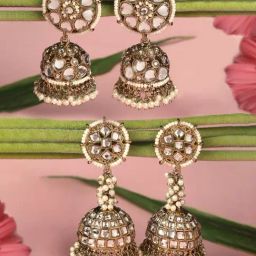 Zaveri Pearls Set of 2 Antique Gold tone Statement Kundan Pearls Ethnic Jhumka Earrings-ZPFK17981-25