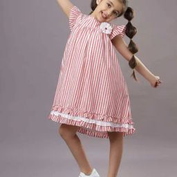 TeenTrums Girls Red Cotton Striped Casual Dresses-image-126