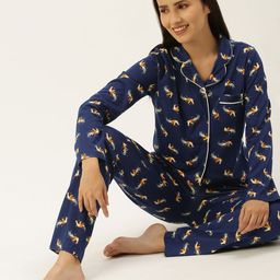 Sleepy Gals Women Blue Rooster Print Pure Cotton Night Suit-image-78