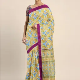 LADUSAA Grey & Yellow Printed Saree With Unstitched Blouse-picture-3
