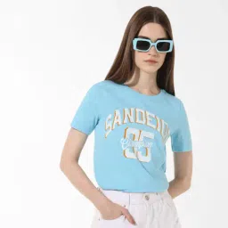 Only Blue & White Cotton Graphic Print T-Shirt-picture-8
