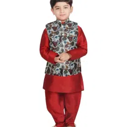 SG Yuvraj Kids White & Maroon Floral Print Full Sleeves Kurta Set-image-28