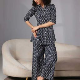 Libas Navy Cotton Floral Print Shirt & Palazzo Set-picture-35