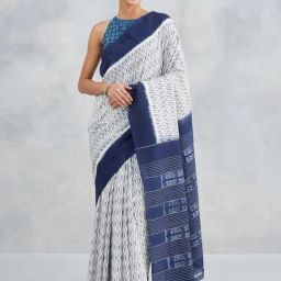 Fabindia Off White & Blue Cotton Printed Sarees-picture-39