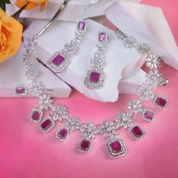 Saraf RS Jewellery White Rhodium Plated Red AD studded Necklace with Earrings Jewellery Set-36