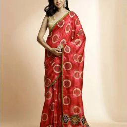 Jaipur Kurti Red Silk Printed Saree With Unstitched Blouse-image-94