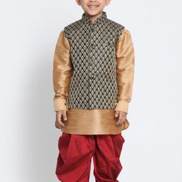 JBN Creation Boys Gold & Maroon Self Design Kurta with Dhoti Pants and Ethnic Jacket-21
