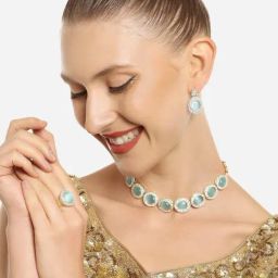 Zaveri Pearls Turquoise Blue Cat Eye Austrian Diamonds Choker Necklace Earring & Ring Set-ZPFK16628-14