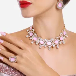 Zaveri Pearls Pink Kundan & Austrian Diamonds Choker Necklace Earring & Ring Set-ZPFK16629-image-94