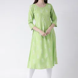 Span Women Green & White Embroidered A-Line Kurta-image-36