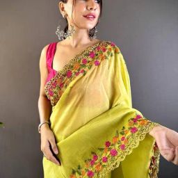Saree Mall Yellow Organza Embroidery Saree with Blouse Piece-image-57