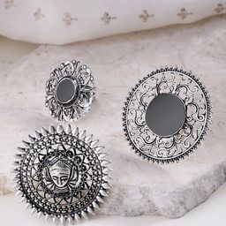 Sangria Set Of 3 Silver-Plated Oxidised Adjustable Finger Rings-21