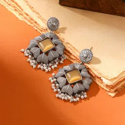 Yellow Chimes Silver-Plated Monalisa Studded & Beaded Contemporary Afghani Drop Earrings-9