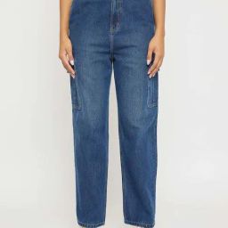Madame Dark Blue Cotton Wide Leg Fit Cargo Jeans-image-96