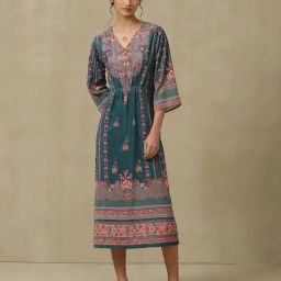 aarke Ritu Kumar Teal Floral Print Midi Dress-image-87