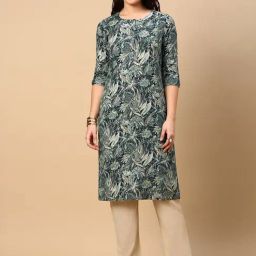 SHOWOFF Dark Green Floral Print Kurta-18