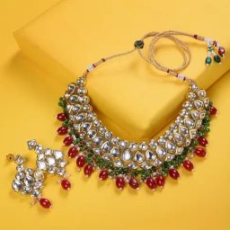 Saraf RS Jewellery Gold Toned Kundan studded Red & Green  Bead studded Handcrafted Jewellery Set-1