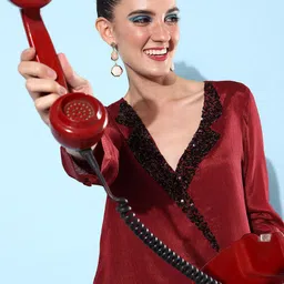 QUIERO Maroon & Black Embellished Chiffon Blouson Top-image-61