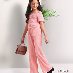 arias by lara dutta Arias Cotton Gauze Dobby Full Length Jumpsuit With Adjustable Sleeves - Peach-picture-31