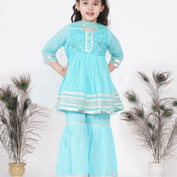 Little Bansi Three Fourth Sleeves Lace & Gota Patti Floral Embroidered Yoke Frill Kurta With Sharara & Sequin Embellished Dupatta - Blue-picture-49