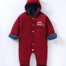 Yellow Apple Full Sleeves Cotton Vehicle Embroidered Romper- Maroon-image-21