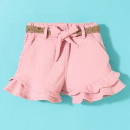 Little Kangaroos Woven Mid Thigh Waffel Flared Fit Solid Shorts with Self Belt - Pink-image-14
