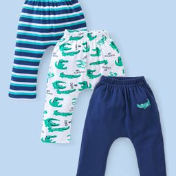 Babyhug Cotton Full Length Diaper Pants Stripes & Alligator Print Pack of 3- Blue Green & White-image-53