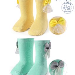 Babyoye Eco Conscious 100% Cotton Ankle Length Socks With Bow Applique Pack of 2 - Green-image-86