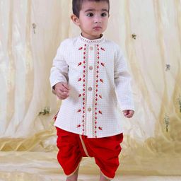 Tiber Taber Pure Cotton Full Sleeves Flower & Birds Embroidered With Graph Checked  Kurta With Dhoti - Cream-picture-0