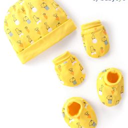 Babyoye 100% Cotton Knit Cap Mittens And Booties Bear Print-Yellow-image-53
