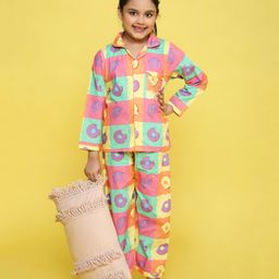 Knitting Doodles Pure Cotton Poplin Full Sleeves Donuts Blocks Printed Coordinating Night Suit - Multi Colour-image-17