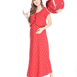 Bella Mama 100% Cotton Knit Half Sleeves Nighty with Concealed Zipper Star Print - Red-image-13