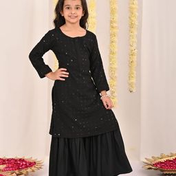 Vastramay Schiffli Cotton Three Fourth Sleeves Sequin Embroidered Kurta & Sharara Set - Black-image-47