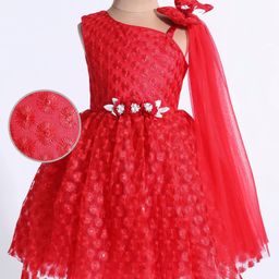 Mark & Mia Sleeveless Knee Length Sequin  Embroidered Party Frock with Bow & Floral Applique - Red-image-37